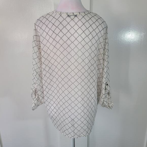 CAbi Size S Chessboard Blouse Black White Sheer Button Up Roll Tab Sleeve Office - Picture 4 of 11